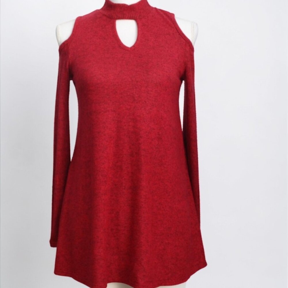 Womens Red Cold Shoulder Sweater Tunic Top Small Mock Neck NWT Sexy